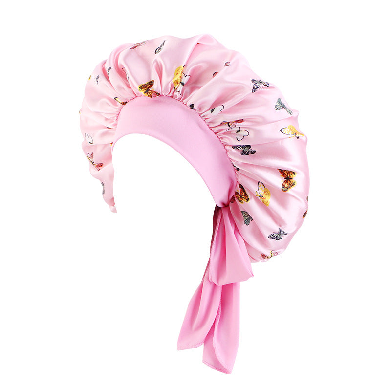 Women's Satin Hair Bonnet With Wrap Floral Sleeping Hat Night Sleep Cap For Curly Hair Care