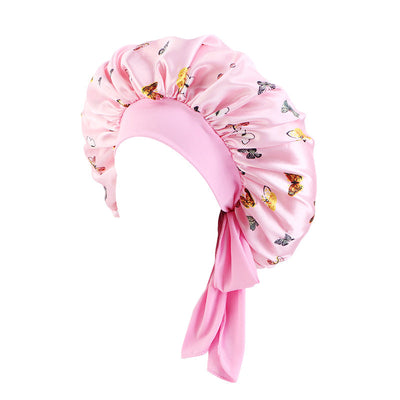 Women's Satin Hair Bonnet With Wrap Floral Sleeping Hat Night Sleep Cap For Curly Hair Care