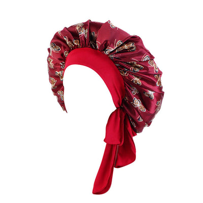 Women's Satin Hair Bonnet With Wrap Floral Sleeping Hat Night Sleep Cap For Curly Hair Care