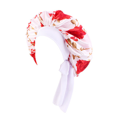 Women's Satin Hair Bonnet With Wrap Floral Sleeping Hat Night Sleep Cap For Curly Hair Care