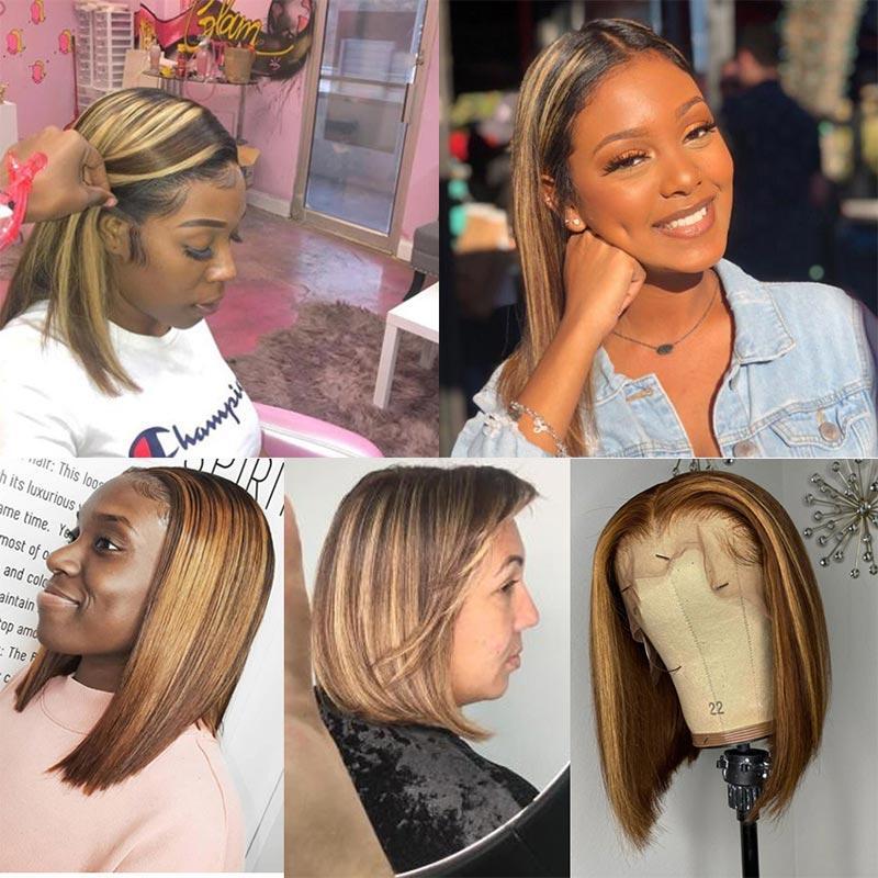 Modern Show Ombre Human Hair Wig Short Bob Highlight 4/27 Color Straight Pre Plucked 13x4 Lace Front Wigs