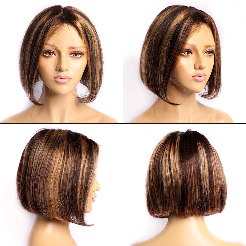 Ombre Human Hair Wig Short Bob Highlight 4/27 Color Straight Pre Plucked 13x4 Lace Front Wigs