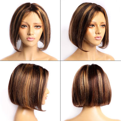 Ombre Human Hair Wig Short Bob Highlight 4/27 Color Straight Pre Plucked 13x4 Lace Front Wigs