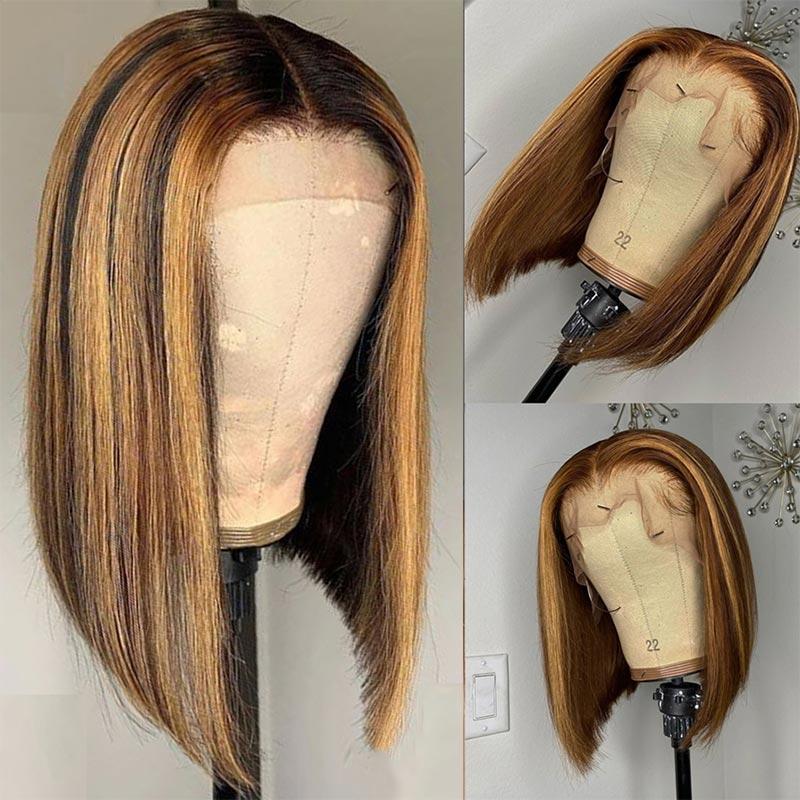 Modern Show Ombre Human Hair Wig Short Bob Highlight 4/27 Color Straight Pre Plucked 13x4 Lace Front Wigs