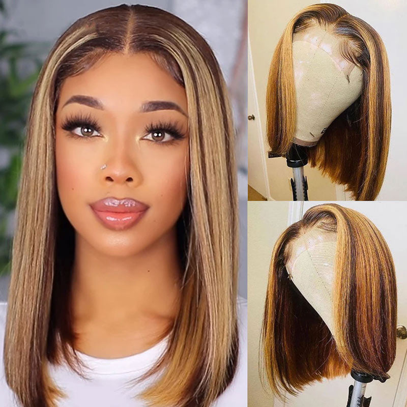 Modern Show Brown With Strawberry Blonde Highlights Piano Color Human Hair 4x4 Lace Closure Wig Straight Bob