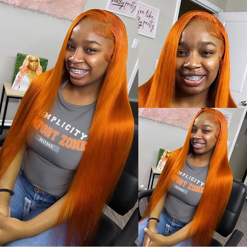 Modern Show Orange Ginger Straight Human Hair Wigs Pre Plucked Transparent HD Lace Wigs For Women