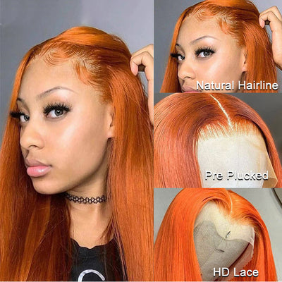 Modern Show Orange Ginger Straight Human Hair Wigs Pre Plucked Transparent HD Lace Wigs For Women