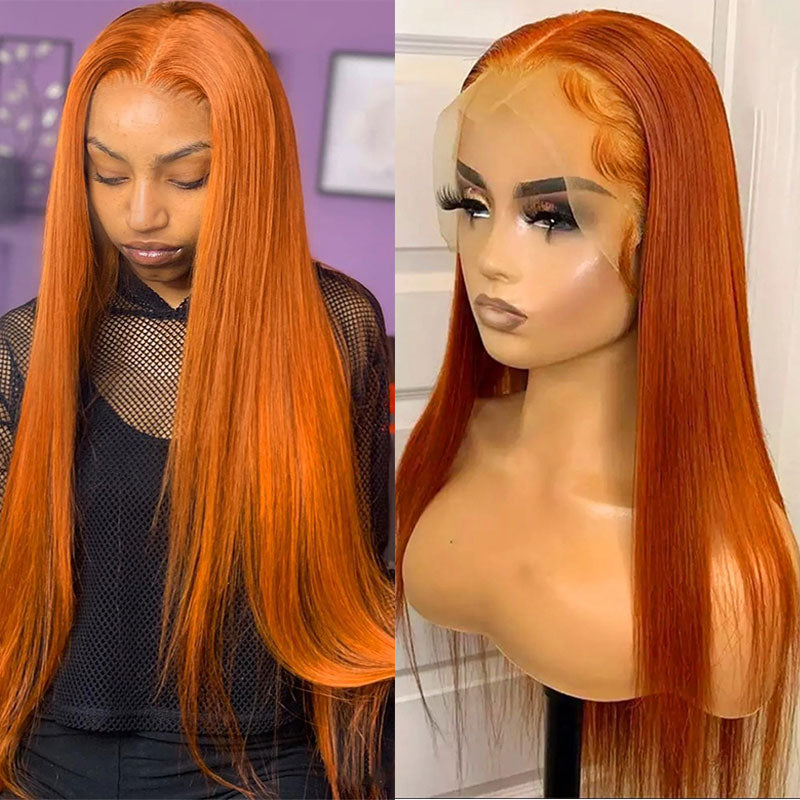 Modern Show Orange Ginger Straight Human Hair Wigs Pre Plucked Transparent HD Lace Wigs For Women
