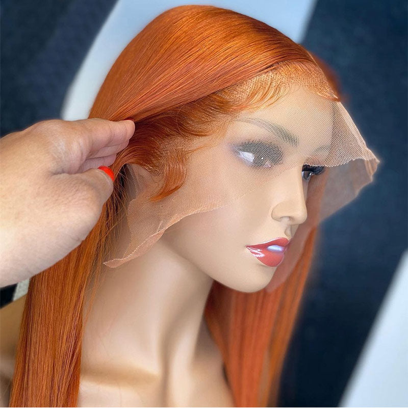 Modern Show Orange Ginger Straight Human Hair Wigs Pre Plucked Transparent HD Lace Wigs For Women