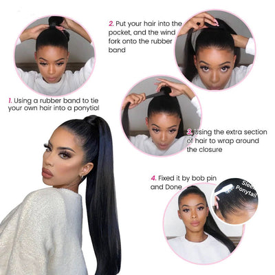 Modern Show Straight Human Hair Velcro Ponytail Brazilian Hair Wrap Around Clip In Hair Extensions