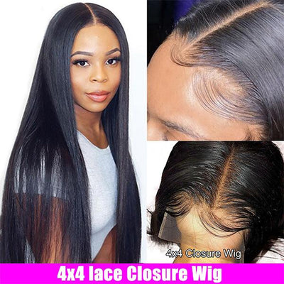 Modern Show 30 Inch 4x4 Lace Closure Wig Long Straight Peruvian Human Hair Wigs For Sale