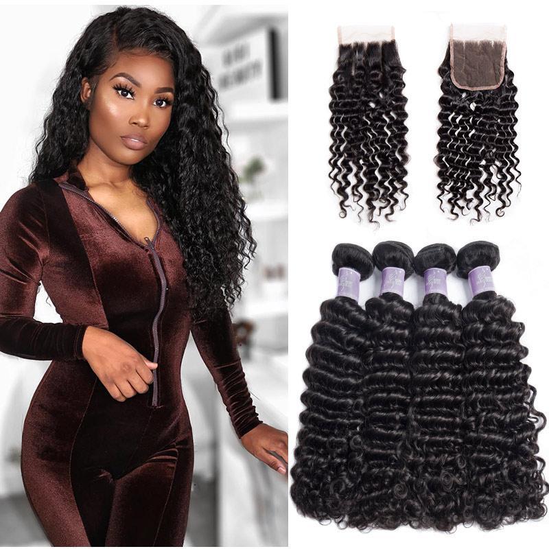 Modern Show 10A Brazilian Virgin Remy Curly Human Hair Weave 4 Bundles With Lace Closure
