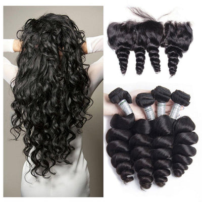 Modern Show Hair 10A 4 Pcs Brazilian Loose Wave Virgin Human Hair Bundles With 13x4 Pre Plucked Lace Frontal Closure