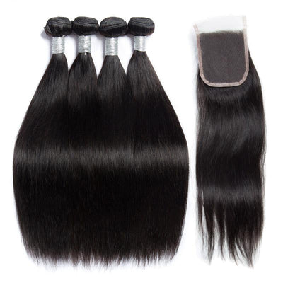 Modern Show Virgin Remy Brazilian Straight Human Hair Weave 4 Bundles With Lace Closure