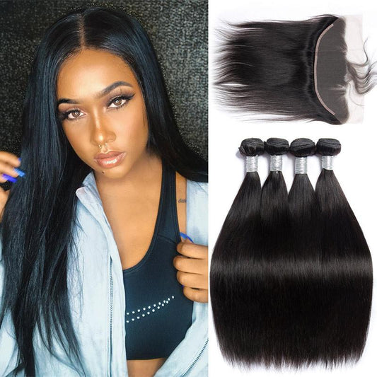 10A Natural Brazilian Virgin Remy Straight Hair Extensions 4 Bundles With Frontal Closure