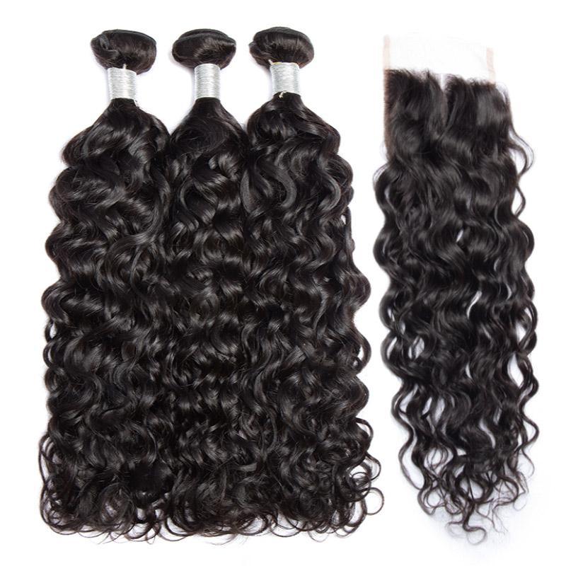 Modern Show 10A Wet And Wavy Virgin Brazilian Hair 3 Bundles Water Wave With Lace Closure 100 Human Hair Weave