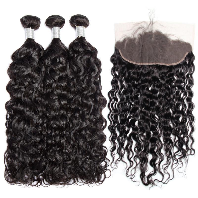 Modern Show Hair Grade 3 Pcs Wet And Wavy Brazilian Virgin Hair Water Wave Bundles With Lace Frontal Closure Deal