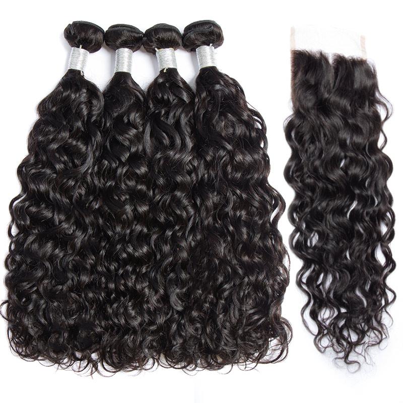 Modern Show Hair 10A Mink Brazilian Virgin Hair Water Wave 4 Bundles With 4x4 Lace Closure With Baby Hair