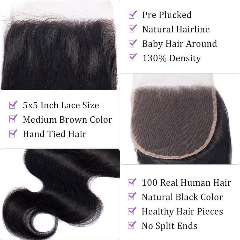 Modern Show Brazilian Body Wave 5x5 Swiss Lace Closure Free Part With Baby Hair Remy Human Hair Closure details