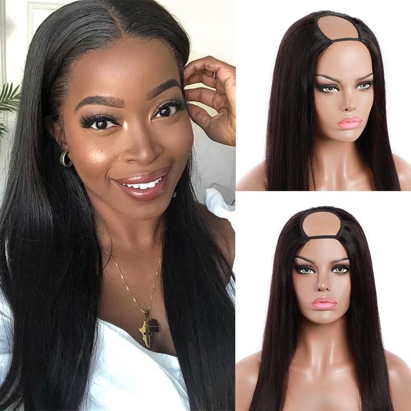 Natural Black Straight Glueless U Part Clip In Wigs Real  display picture 1