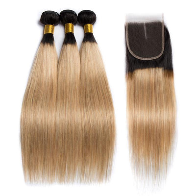 Modern Show 1B/27 Blonde Ombre Hair Color Straight Hair 3 Bundles With Closure Brazilian Weave Human Hair With 4x4 Lace Closure