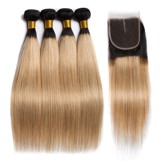 Modern Show 1B/27 Blonde Straight Hair 4 Bundles With Closure Ombre Hair Color Brazilian Weave Human Hair With 4x4 Lace Closure