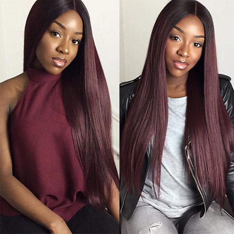 Modern Show 1B/99J Ombre Color Straight Human Hair 3 Bundles With Lace Closure Brazilian Virgin Remy Hair Weave