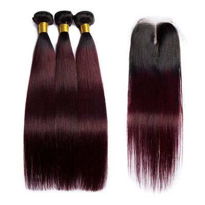 Modern Show 1B/99J Ombre Color Straight Human Hair 3 Bundles With Lace Closure Brazilian Virgin Remy Hair Weave