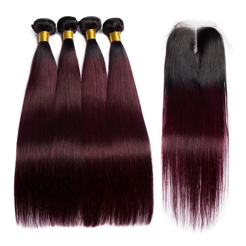 Modern Show 1B/99J Color Straight Human Hair 4 Bundles With Closure Ombre Dark Red Brazilian Hair Weave With 4x4 Lace Closure