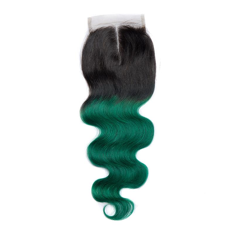 Modern Show Body Wave 1B/Green Color Lace Closure Middle Golden Ombre Human Hair 4x4 Swiss Lace Closure With Baby Hair