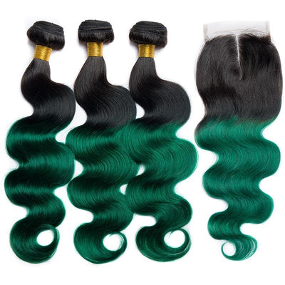 Modern Show 1B/Green Ombre Color Hair Body Wave 3 Bundles With Closure Brazilian Human Hair Weave With 4x4 Lace Closure