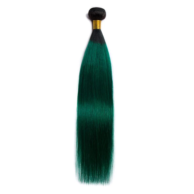Modern Show Brazilian Straight Human Hair Extensions Black Roots Green Remy Hair Weave Bundle 1Pcs