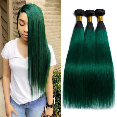 Modern Show Black Roots Green Hair Bundles Brazilian Straight Human Hair Weave 3Pcs Two Tone Color Hair