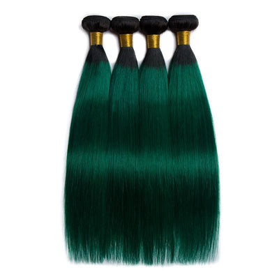 Modern Show Black Roots Green Hair 4 Bundles Long Brazilian Straight Human Hair Weave 2 Tone Color Hair Weft