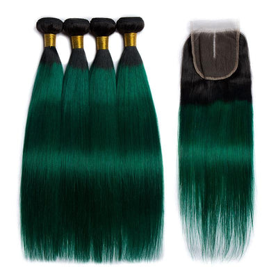 Modern Show 1B/Green Ombre Color Straight Hair 4 Bundles With Closure Brazilian Weave Human Hair With 4x4 Lace Closure