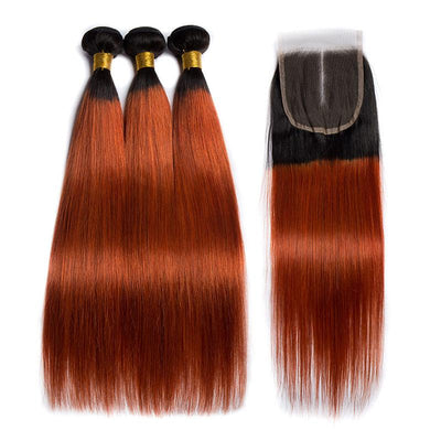 Modern Show Ombre Hair 1B/350 Orange Color Straight 3 Bundles With Closure Brazilian Human Hair Weave With 4x4 Lace Closure