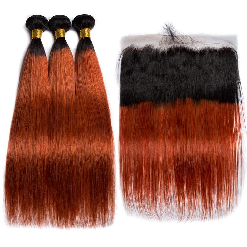 Modern Show 1B/350 Orange Ombre Color Straight Hair Bundles With Frontal Human Hair Brazilian Weave 3pcs With Lace Frontal Closure