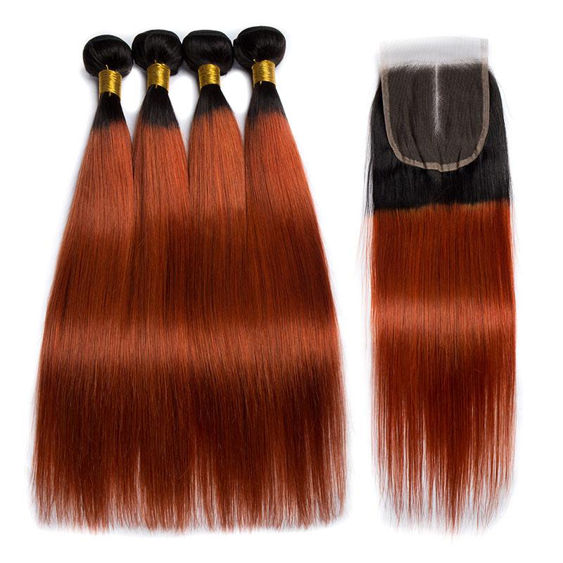 Modern Show 1B/350 Straight Human Hair 4 Bundles With Closure Ombre Orange Color Brazilian Hair Weave With 4x4 Lace Closure