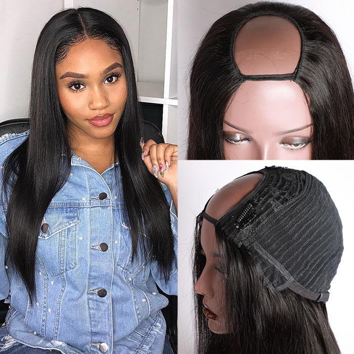 Natural Black Straight Glueless U Part Clip In Wigs Real  display picture 1
