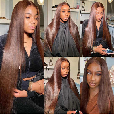 Modern Show Copper Brown Straight Human Hair Wigs Pre Plucked Transparent Lace Wigs For Women