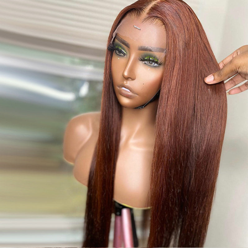 Modern Show Copper Brown Straight Human Hair Wigs Pre Plucked Transparent Lace Wigs For Women