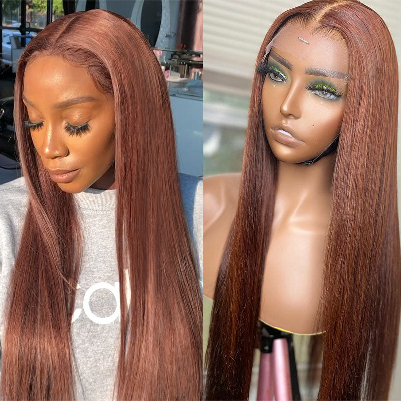 Modern Show Copper Brown Straight Human Hair Wigs Pre Plucked Transparent Lace Wigs For Women