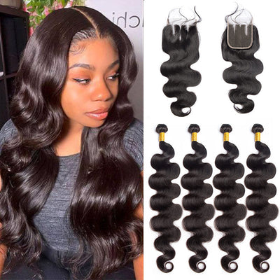 Modern Show Long Black Body Wave Human Hair 4 Bundles With Closure 28-40 Inch Remy Hair Weave For Sew In