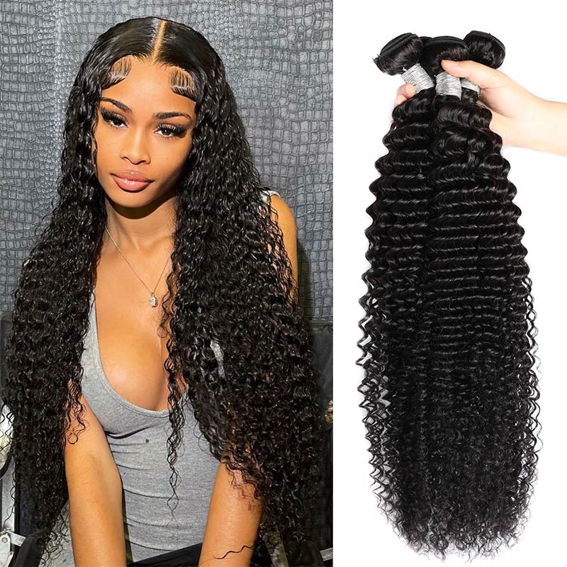 Modern Show Long Black Deep Wave Remy Human Hair Curly Weave 3 Bundles 28-40 Inch