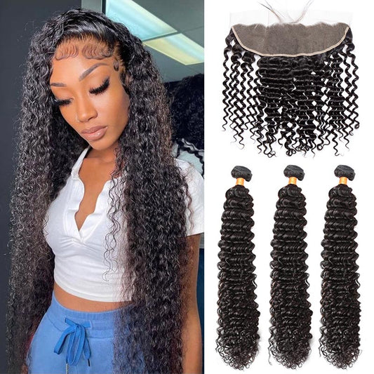 Modern Show 40 Inch Long Deep Wave With Frontal Real Remy Human Hair Curly 3 Bundles With 13x4 Lace Frontal Closure