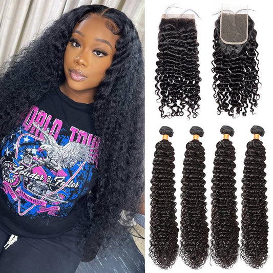 Modern Show Long Black Human Hair 4 Bundles Deep Wave With Closure Remy Hair Curly Weave For Sew In