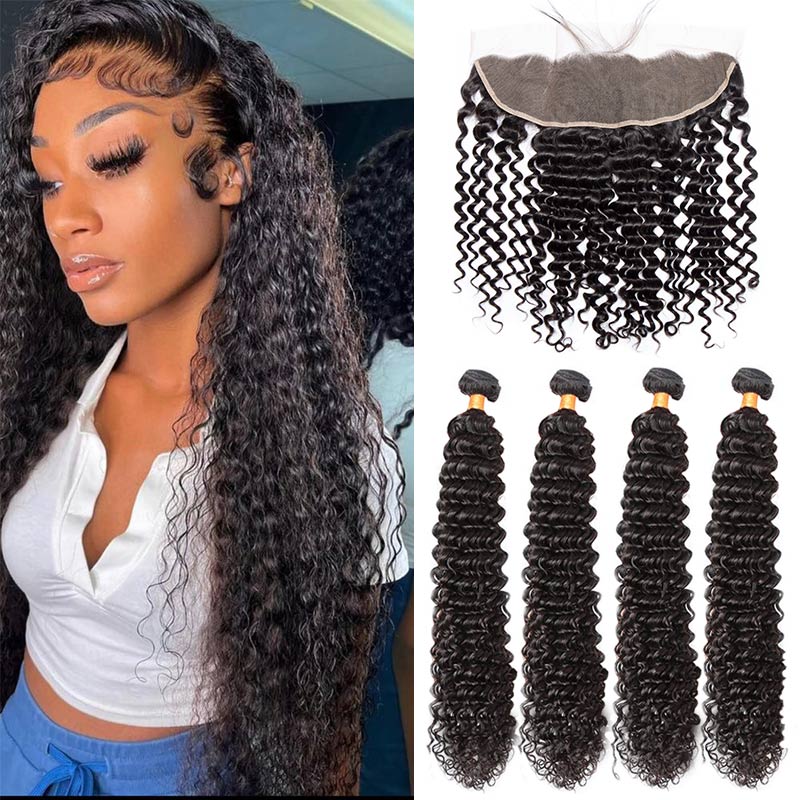Modern Show 4 Bundles Long Deep Wave With 13X4 HD Transparent Frontal Real Human Hair Curly With Lace Frontal Closure