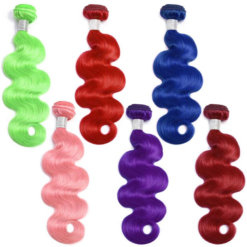 Modern Show Long Wavy Colored Hair Bundles 1pcs Brazilian Body Wave Human Hair Weave Blue/Neon Green/Red/Burgundy/Purple/Pink Color Hair Weft