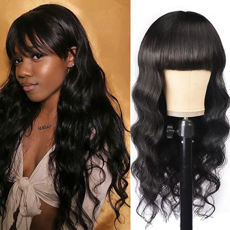 Modern Show Glueless Human Hair Wigs With Bangs 28 Inch Long Body Wave Brazilian Remy Hair Wig With Bangs