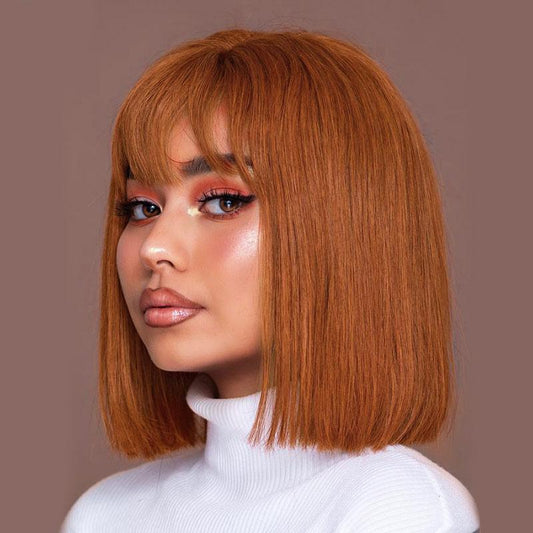 Modern Show Short Bob Wig With Bangs Orange Copper Color Straight Human Hair Wigs #30 Color Full Glueless Machine Made Wig